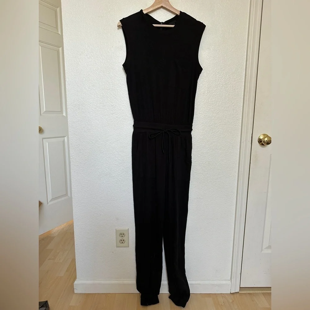 ATM High Torsion Black Drawstring Tank Muscle Sleeveless Casual Long Jumpsuit - Picture 4 of 11